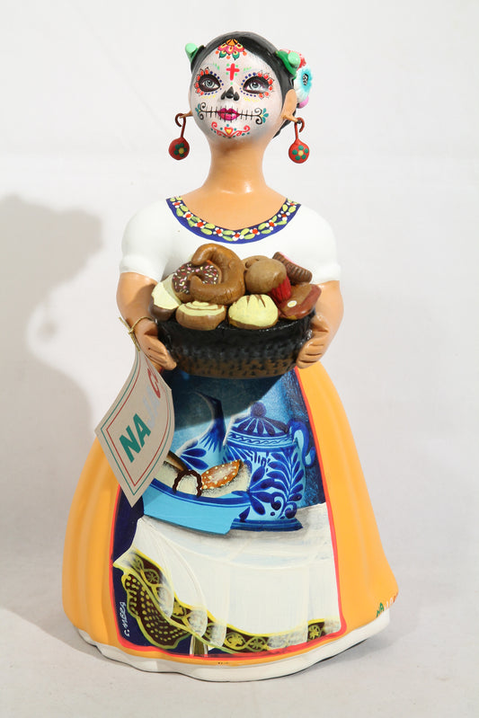 Lupita NAJACO Ceramic Doll Day of the Dead Sweet Bread Basket Mustard #2