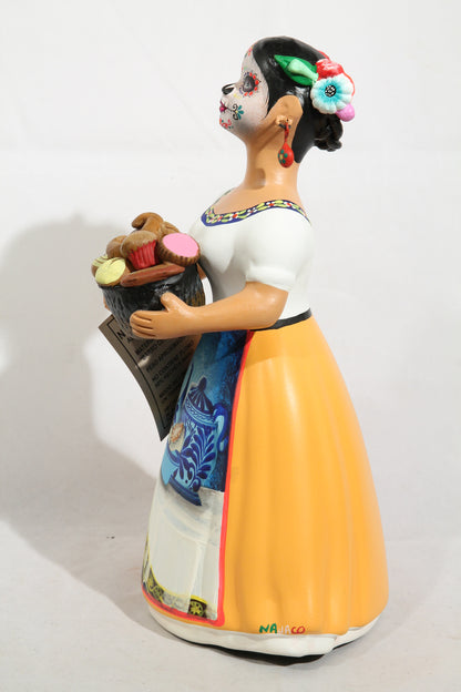 Lupita NAJACO Ceramic Doll Day of the Dead Sweet Bread Basket Mustard #2