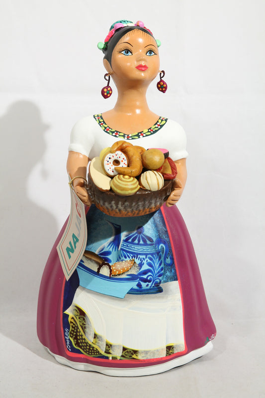 Lupita Doll Sweet Bread Basket Purple Ceramic Mexican Figurine