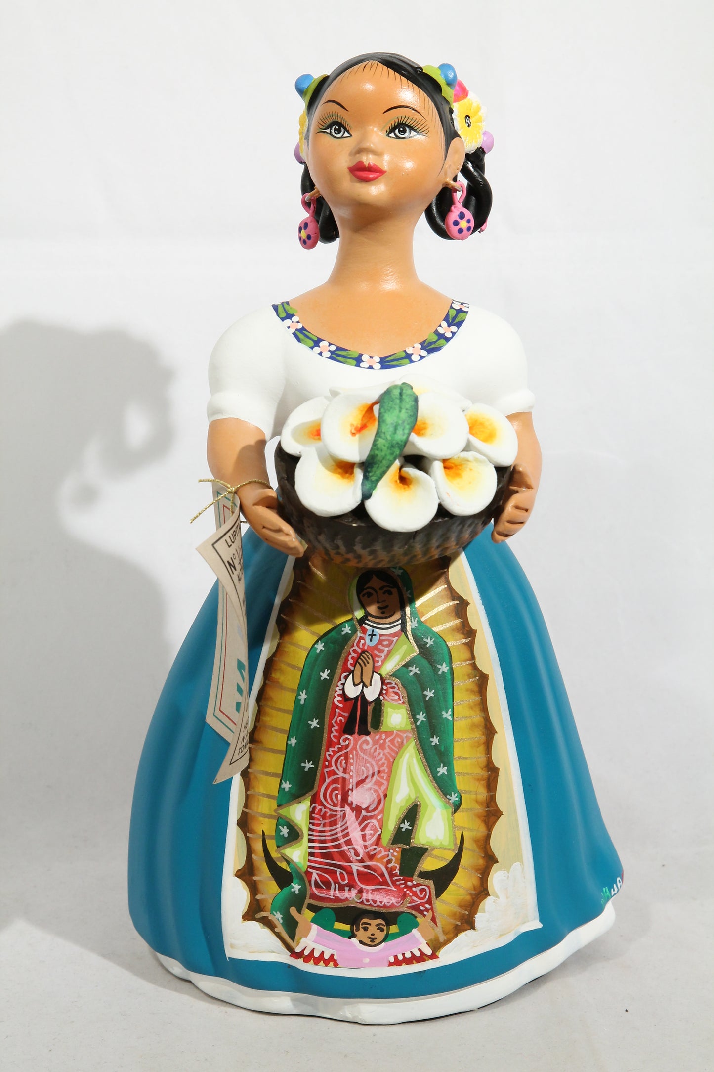 Najaco Lupita Figurine "Our Lady of Guadalupe" Mexico Folk Art Lily Basket Teal