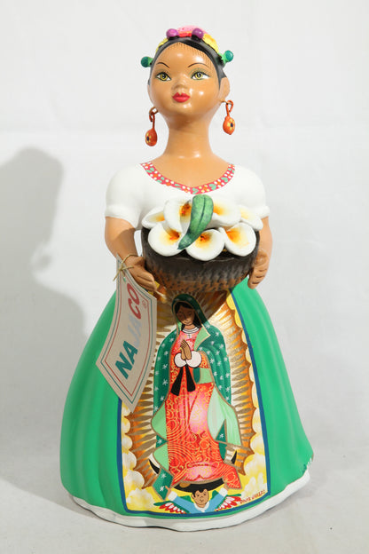 Lupita Ceramic Doll Our lady Basket Lilies Green Skirt Mexican Folk Art