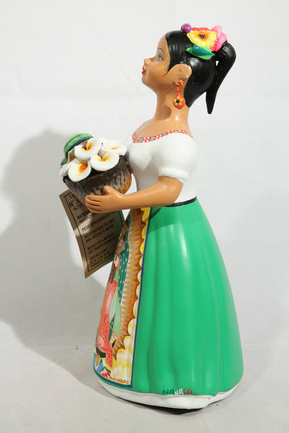 Lupita Ceramic Doll Our lady Basket Lilies Green Skirt Mexican Folk Art
