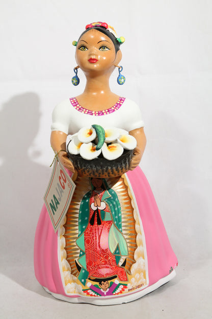 Lupita Ceramic Figurine Basket Lilies Our Lady of Guadalupe Mexican Folk Art Pink