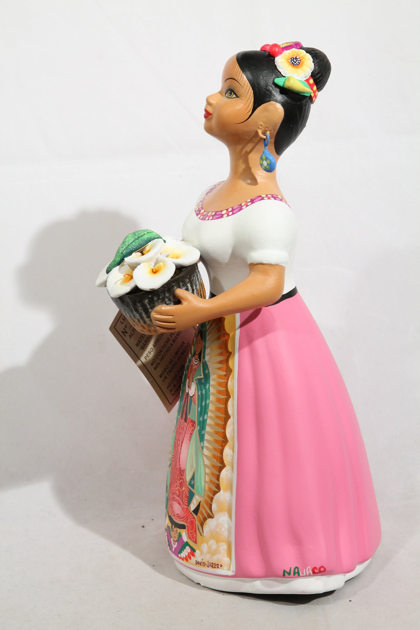 Lupita Ceramic Figurine Basket Lilies Our Lady of Guadalupe Mexican Folk Art Pink