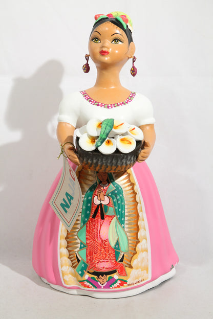 Lupita NAJACO Ceramic Figurine Mexican Our Lady Guadalupe Lilies Pink