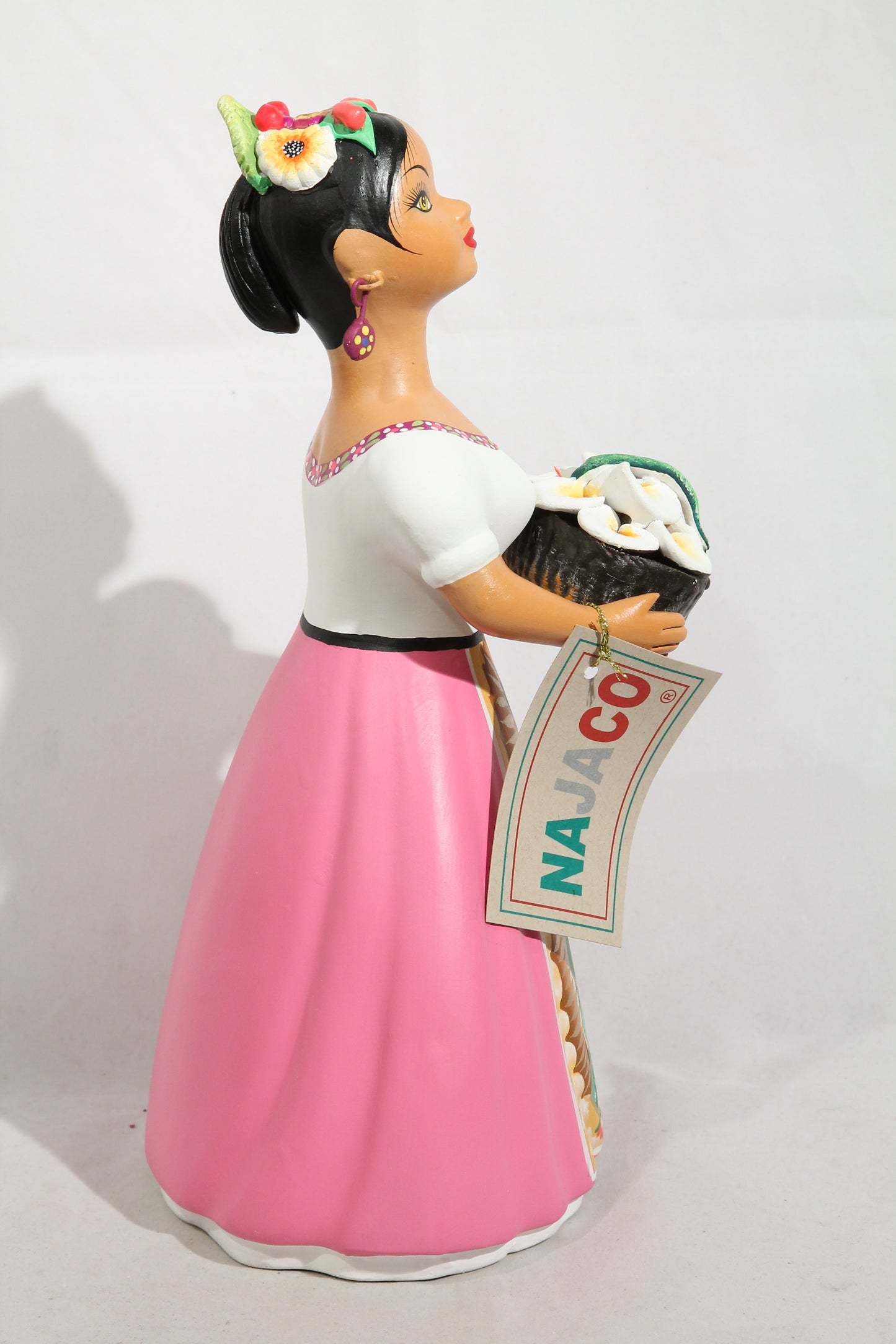 Lupita NAJACO Ceramic Figurine Mexican Our Lady Guadalupe Lilies Pink
