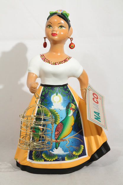 Najaco Lupita Ceramic Figurine Mexican Folk Art Espanola Parrot Cage Mustard