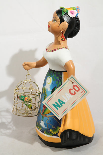 Najaco Lupita Ceramic Figurine Mexican Folk Art Espanola Parrot Cage Mustard