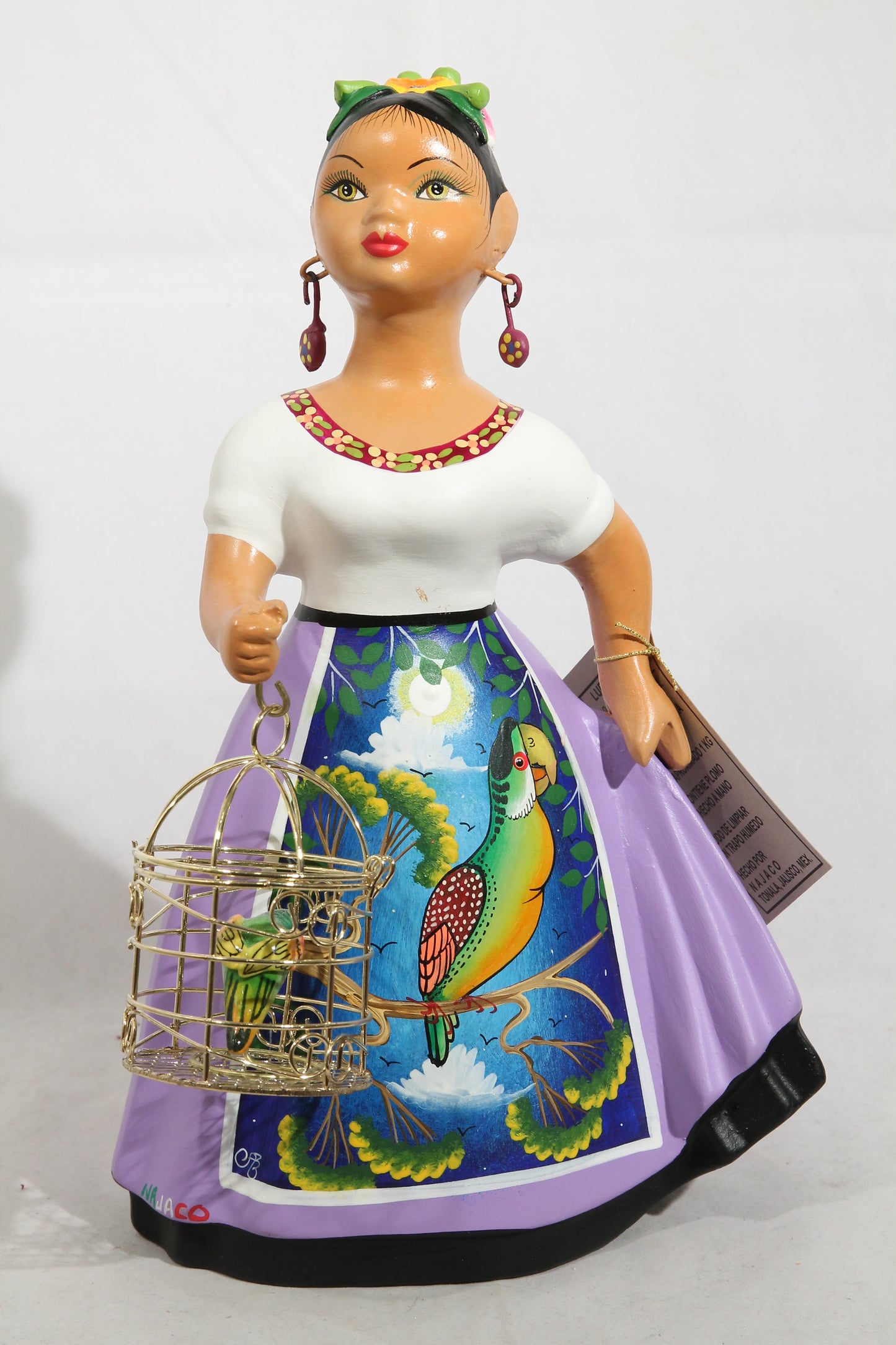 Najaco Lupita Ceramic Doll Parrot Cage Mexican Folk Art Lilac