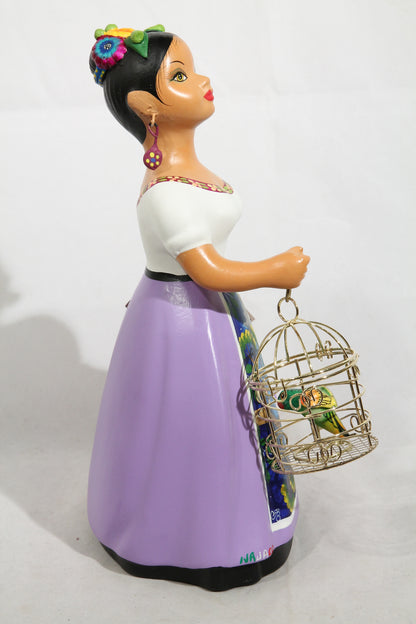 Najaco Lupita Ceramic Doll Parrot Cage Mexican Folk Art Lilac