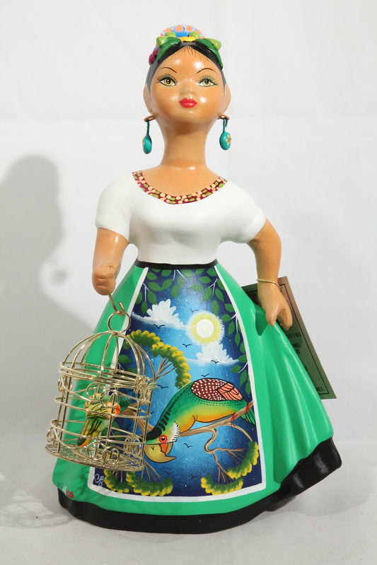 Najaco Lupita Ceramic Doll Parrot Cage Mexican Folk Art Green