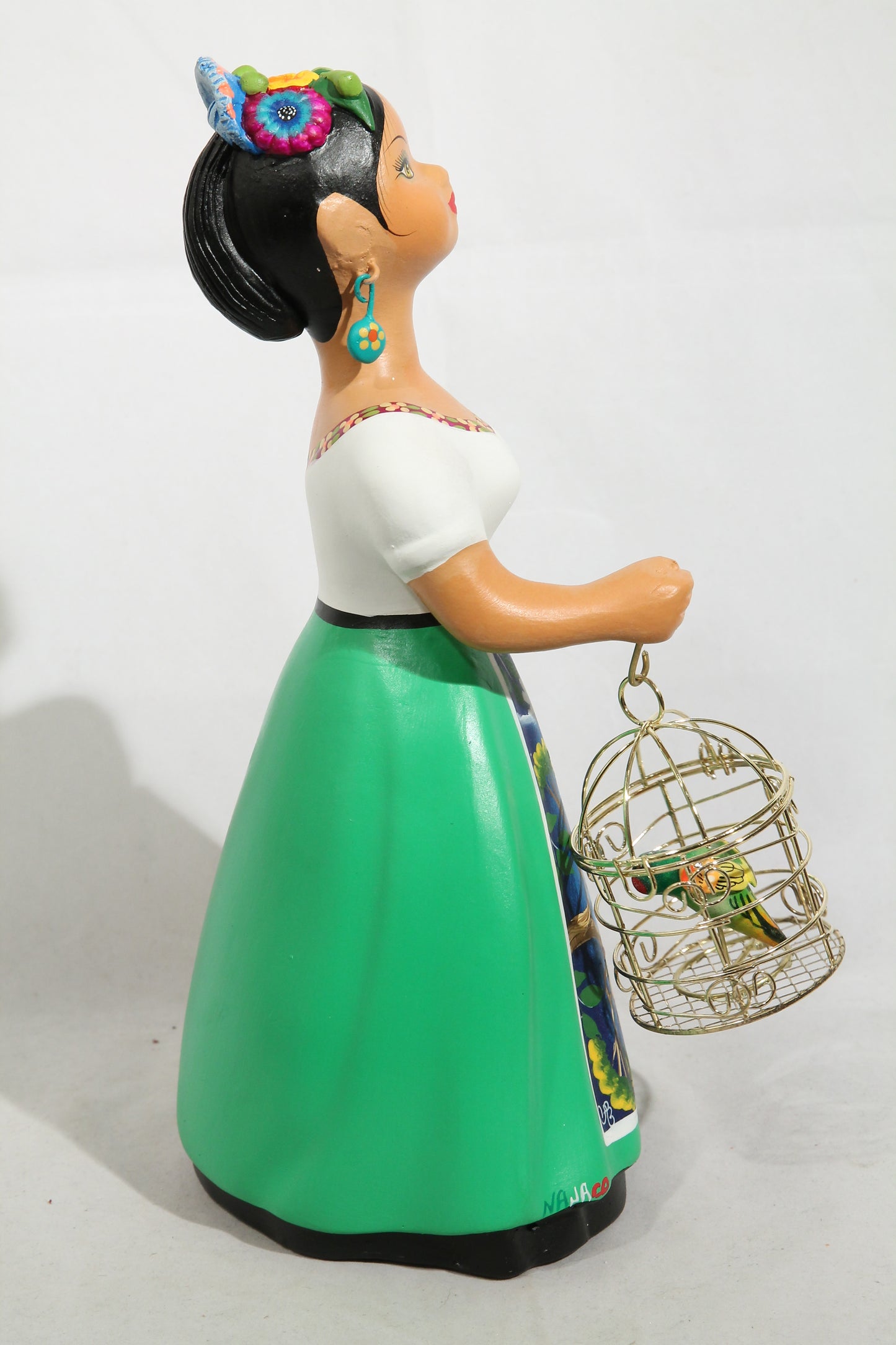 Lupita Najaco Ceramic Figurine/Doll w Cage Espanola Mexican Folk Art Décor Green