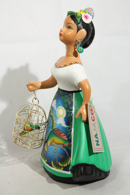 Najaco Lupita Ceramic Doll Parrot Cage Mexican Folk Art Green