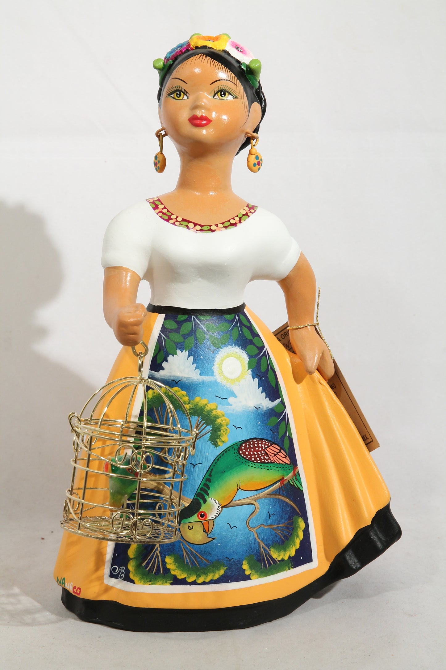 Najaco Lupita Ceramic Figurine Mexican Folk Art Espanola Parrot Cage Mustard