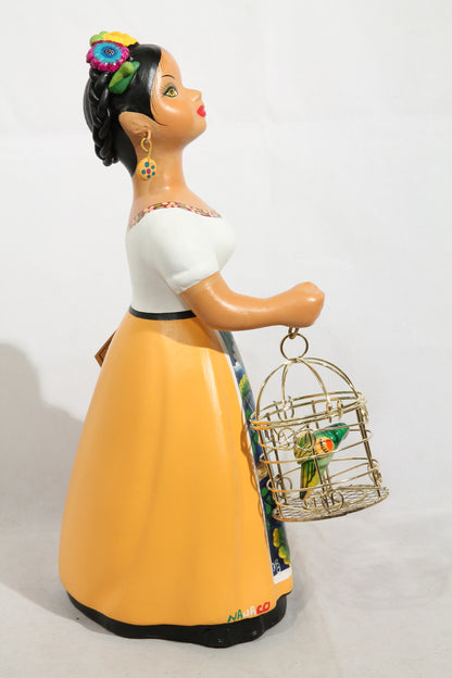 Najaco Lupita Ceramic Figurine Mexican Folk Art Espanola Parrot Cage Mustard