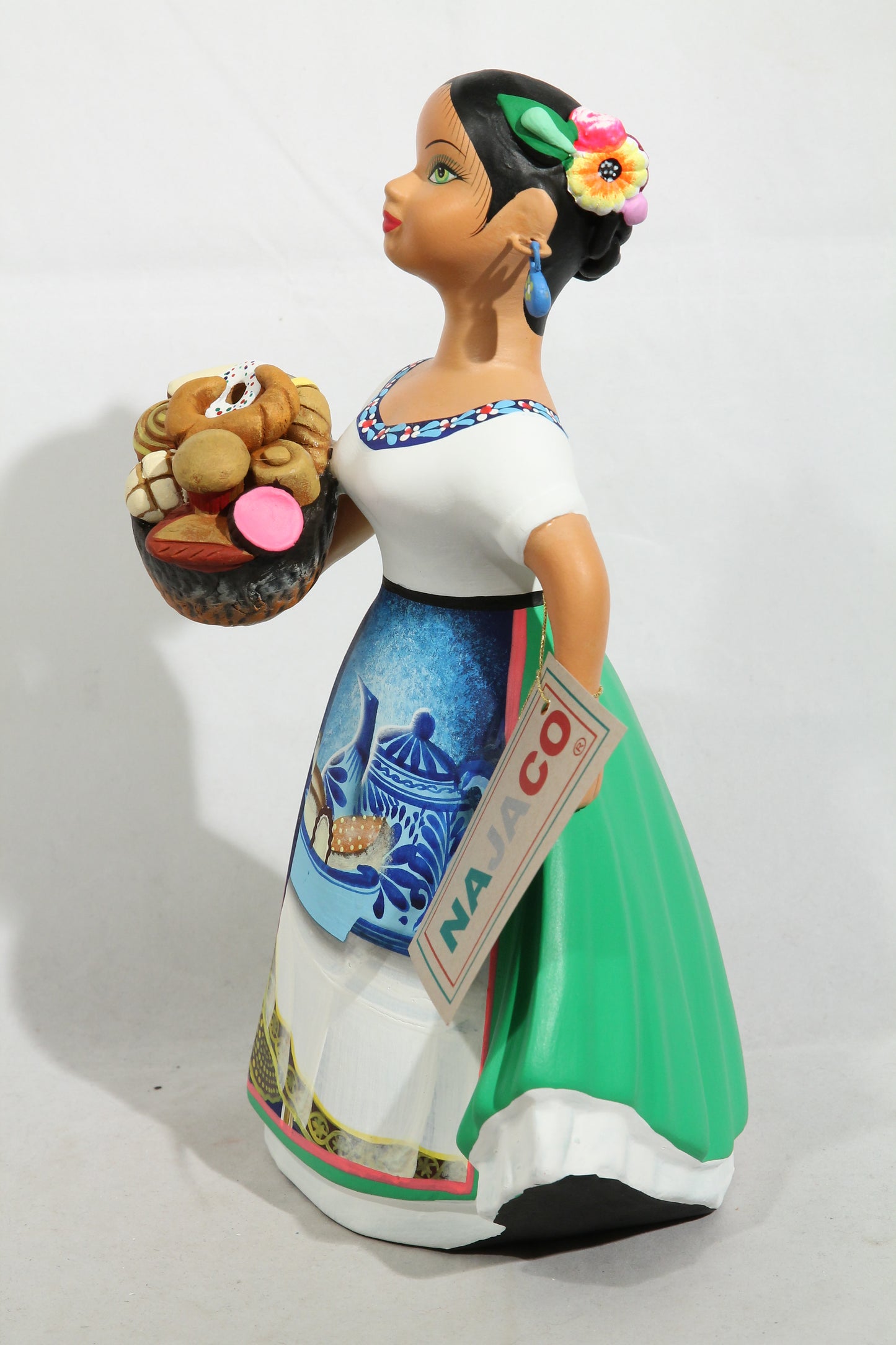 Lupita ceramic Figurine/Doll Sweet Bread Basket Espanola Folk Art Green