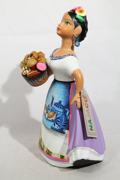 Lupita Doll Basket of Sweet Bread Lilac Skirt Espanola Ceramic Mexican