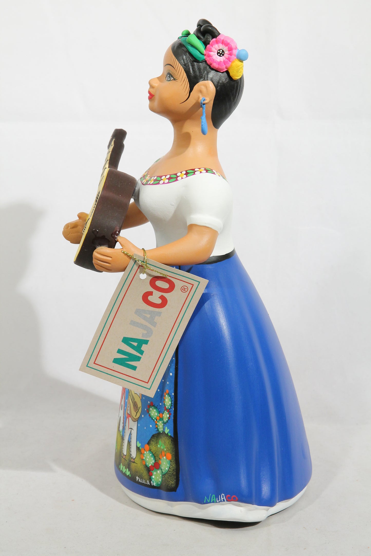 Lupita Najaco Ceramic Doll/Figurine w Guitar Mexico Folk Art Royal Blue