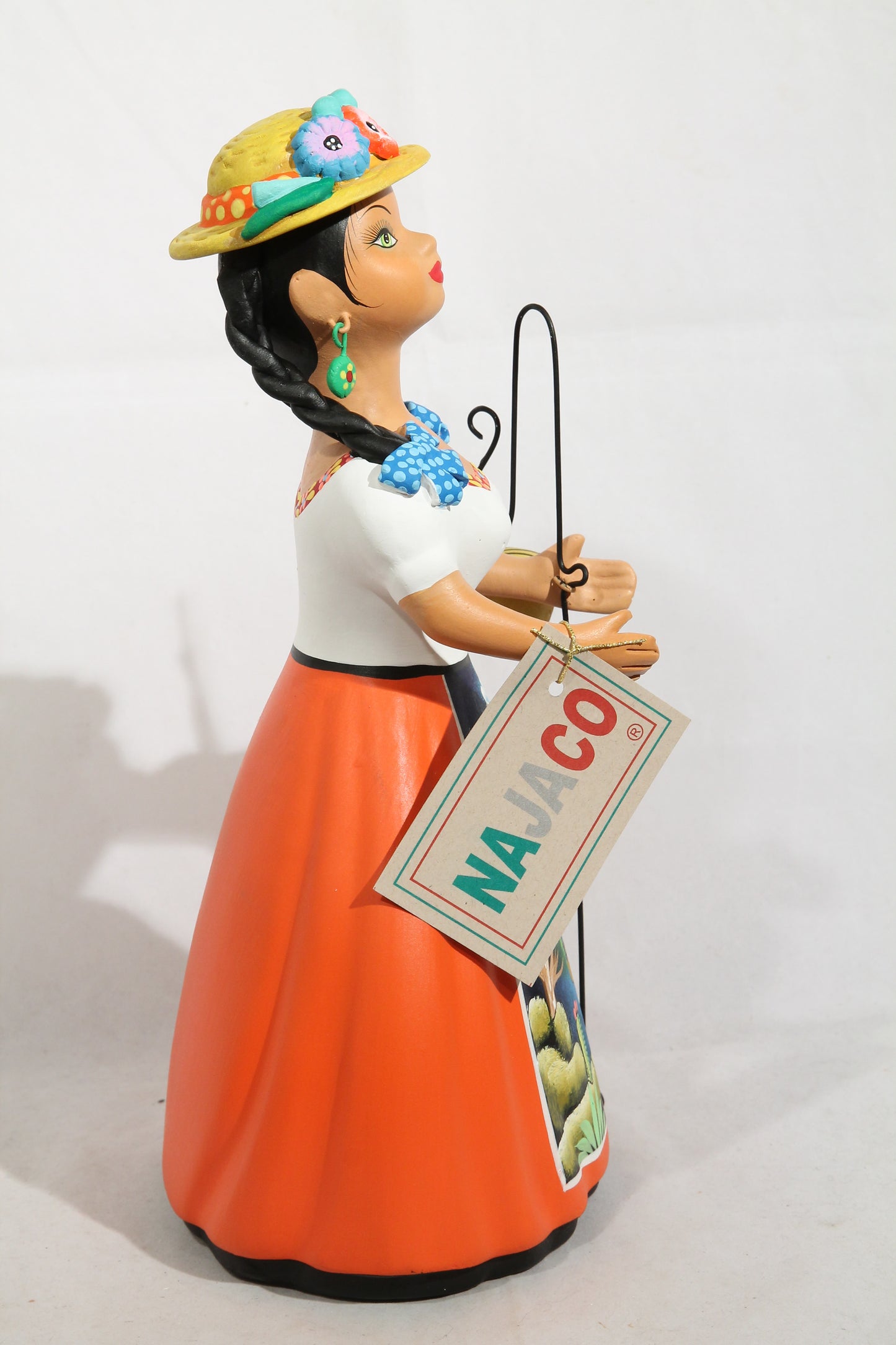 Lupita Najaco Ceramic Doll/Figurine Shepherdess Mexican Folk Art Clay Hat Orange