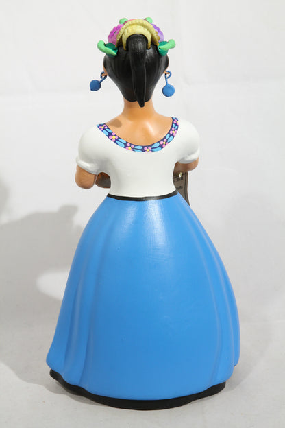 Najaco Lupita Doll Ceramic Mexican Folk Art Basket of Corn New Blue #2
