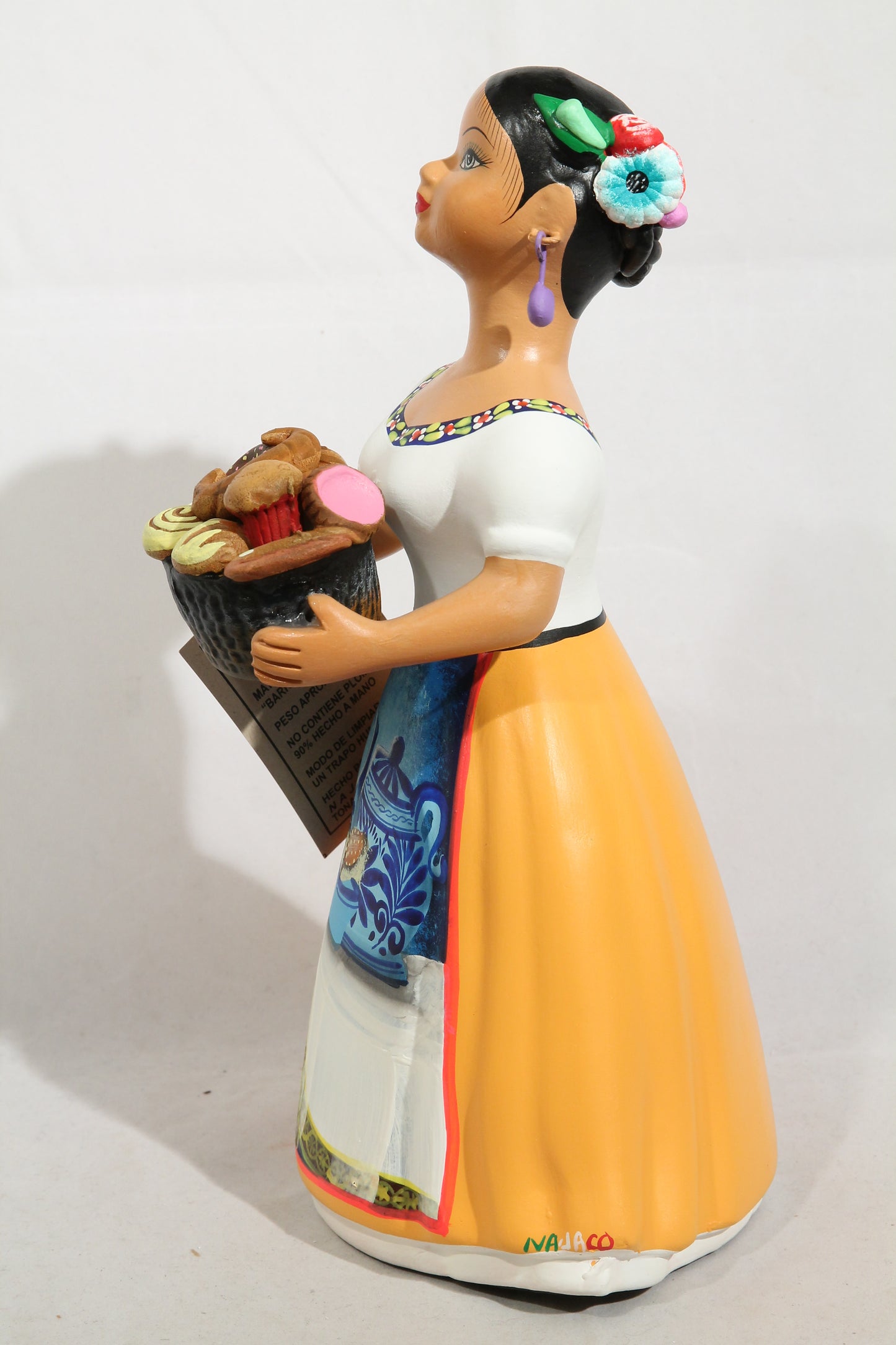 Lupita NAJACO Sweet Bread Basket Mustard Ceramic Doll Mexican Folk Art #2
