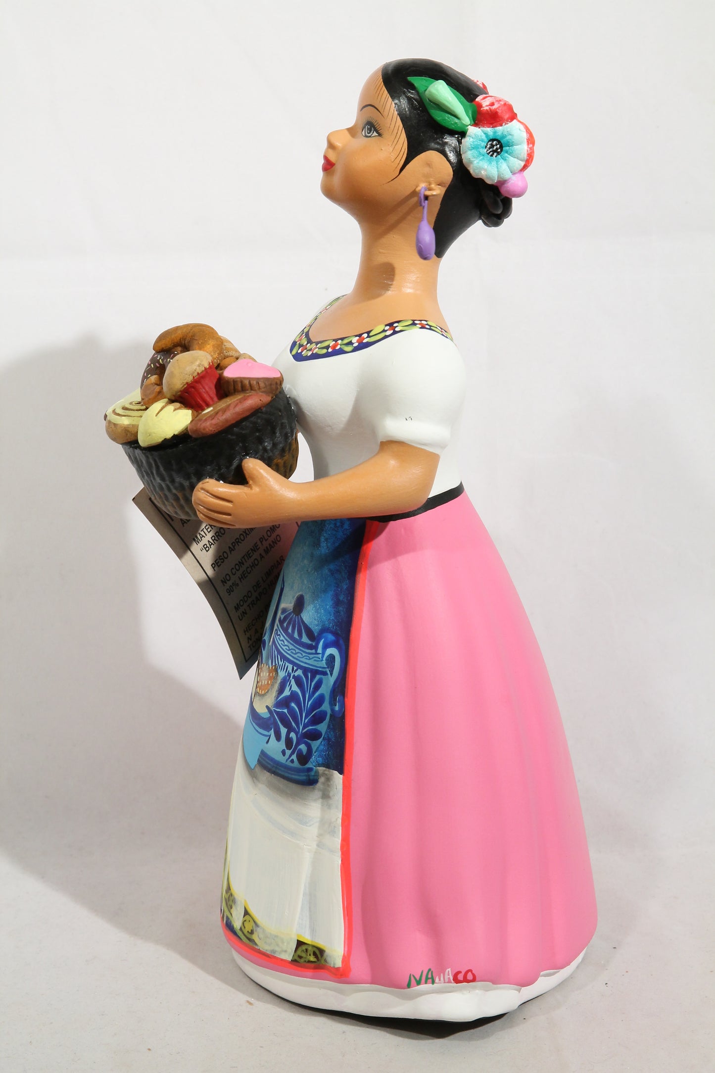 Lupita Doll Ceramic Mexican Folk Art Sweet Bread Basket Pink