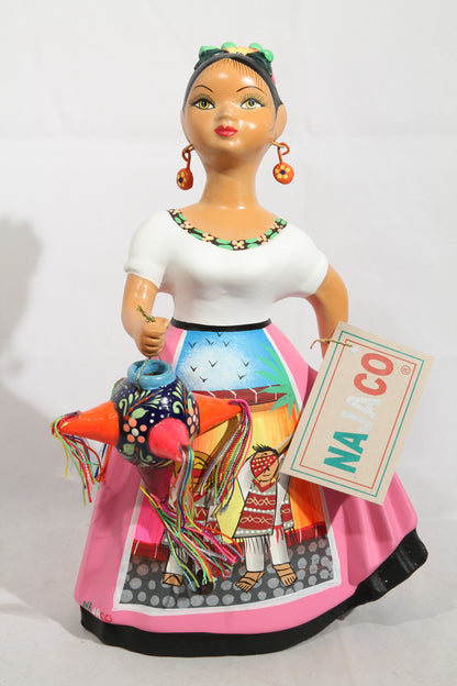 Lupita Najaco Ceramic Figurine/Doll Pinata Mexico Folk Art Pink #3