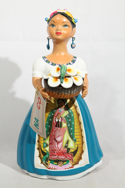 Najaco Lupita Figurine "Our Lady of Guadalupe" Mexico Folk Art Lily Basket Teal