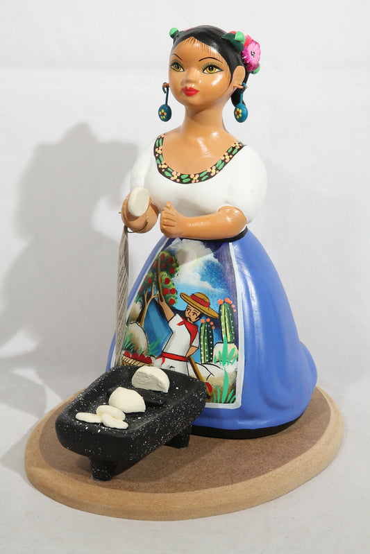 Lupita Najaco Ceramic Clay Doll Tortilla Maker Celeste Blue Mexican Folk Art #2