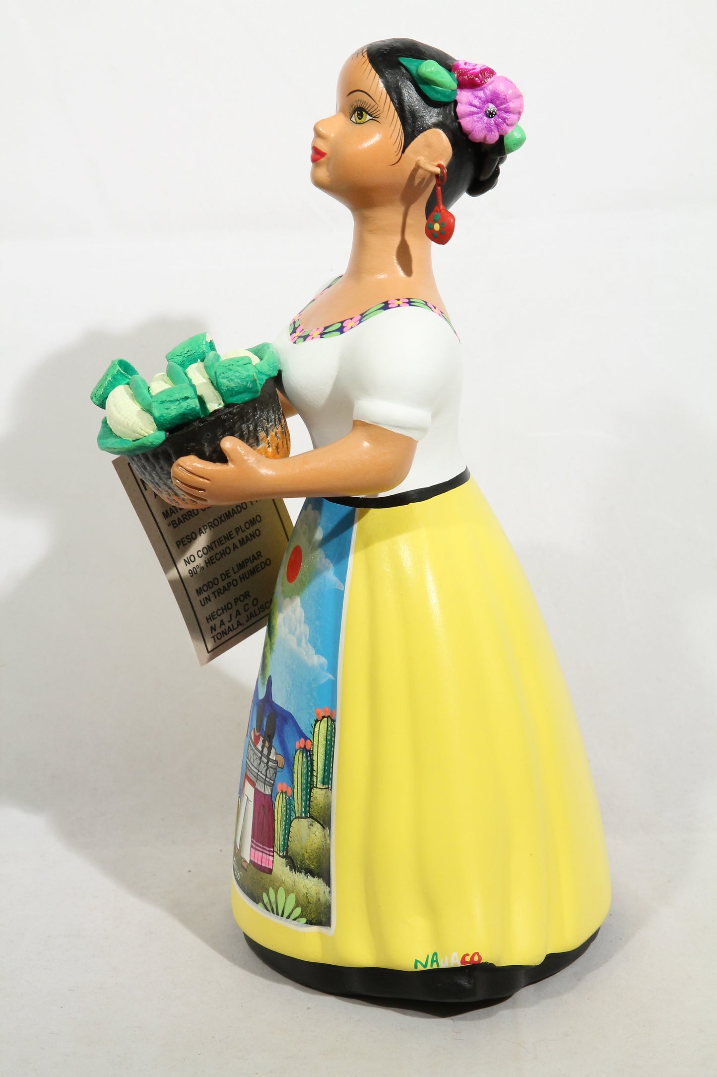 Lupita Doll Ceramic Mexican Folk Art Basket of Corn Yellow Dress
