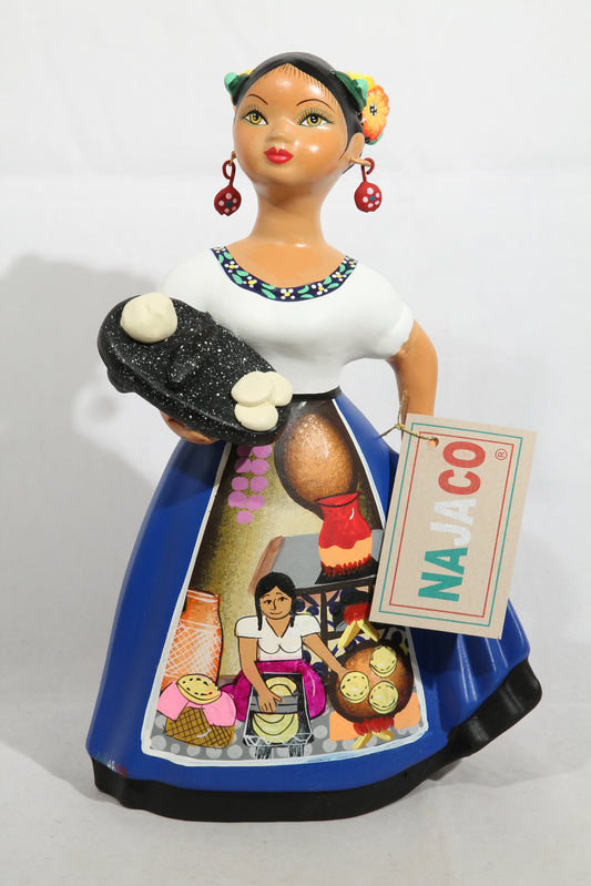 Lupita NAJACO Ceramic Doll Mexican Espanola Gorditas Metate Royal Blue