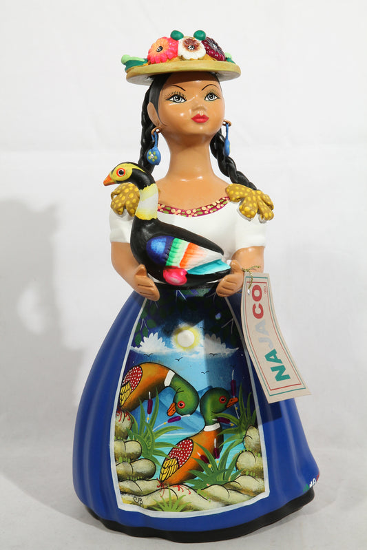Lupita NAJACO Ceramic Doll Holding Goose Royal Blue Skirt w Hat