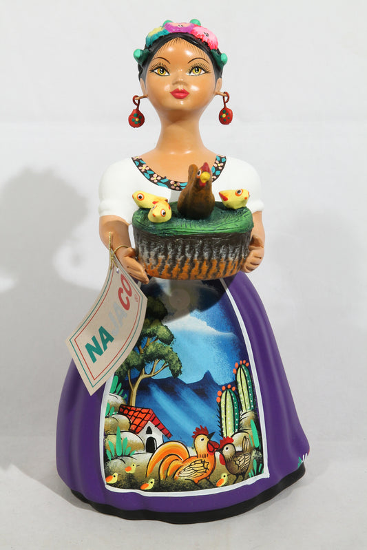 Lupita Doll Ceramic Mexican Folk Art Basket of Chickens Plum Dress