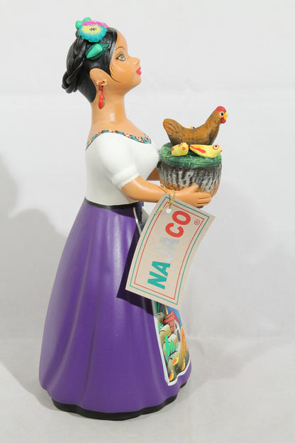 Lupita Doll Ceramic Mexican Folk Art Basket of Chickens Plum Dress