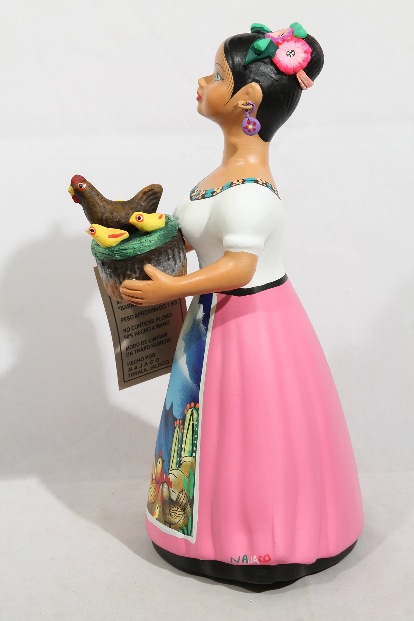 Lupita Doll Ceramic Mexican Folk Art Basket of Chickens Pink Skirt