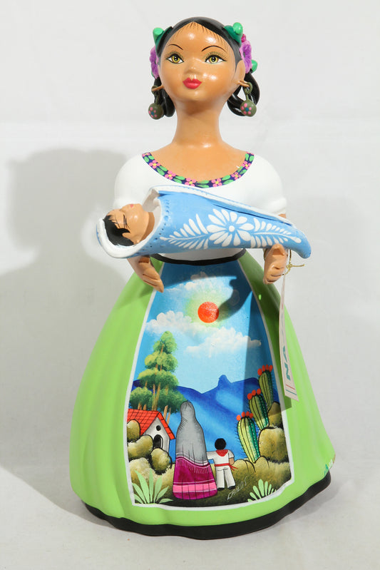 Lupita Doll Ceramic Mexican Folk Art Holding Baby Lime Green
