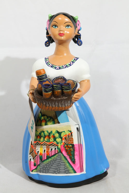 Lupita NAJACO Ceramic Figurine/Doll Mexican Folk Art Basket Kitchenware New Blue