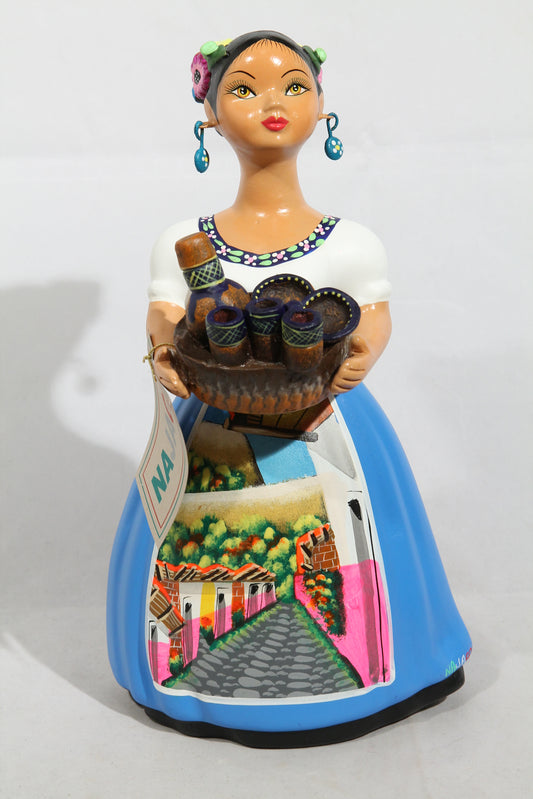 Lupita NAJACO Ceramic Doll Mexican Folk Art Basket Kitchenware New Blue #2