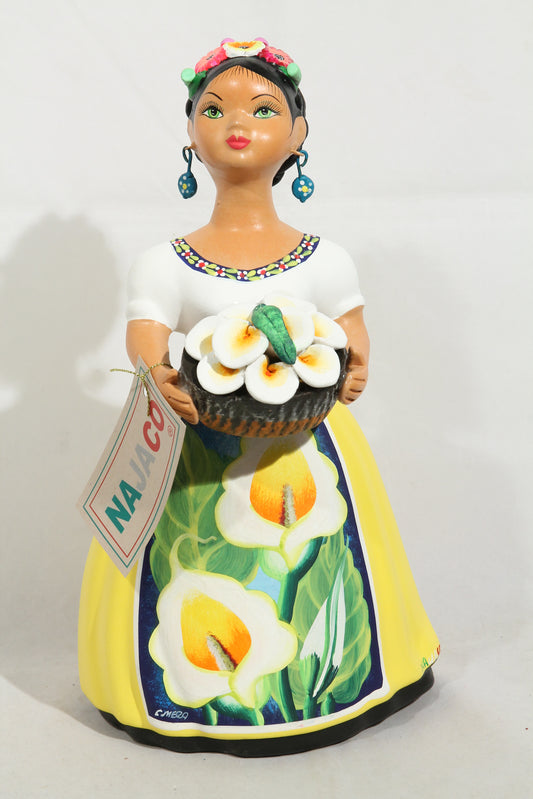 Lupita Doll Calla Lilies Basket Yellow Dress Ceramic Mexican Folk Art