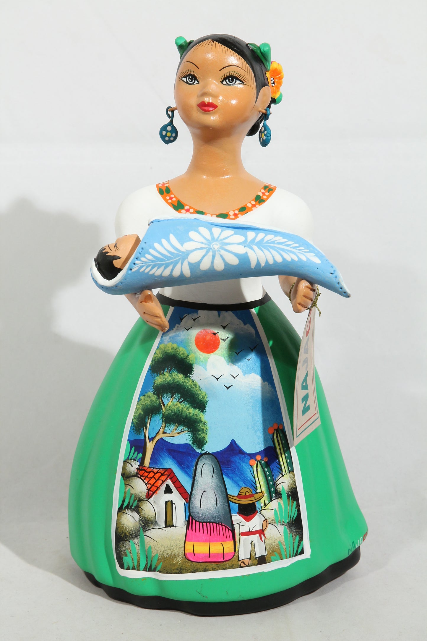 Lupita Doll Figurine Holding Baby Ceramic Mexican Folk Art Green Skirt