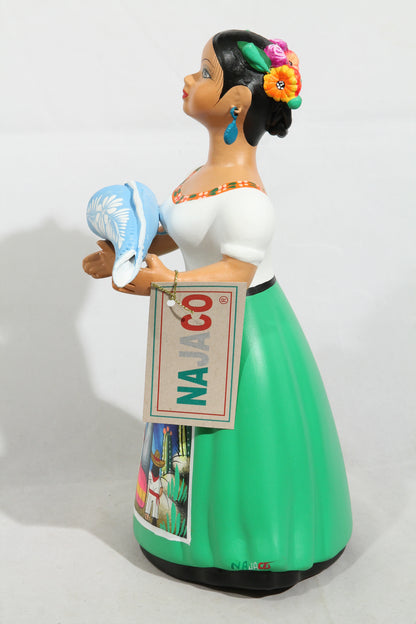 Lupita Doll Figurine Holding Baby Ceramic Mexican Folk Art Green Skirt