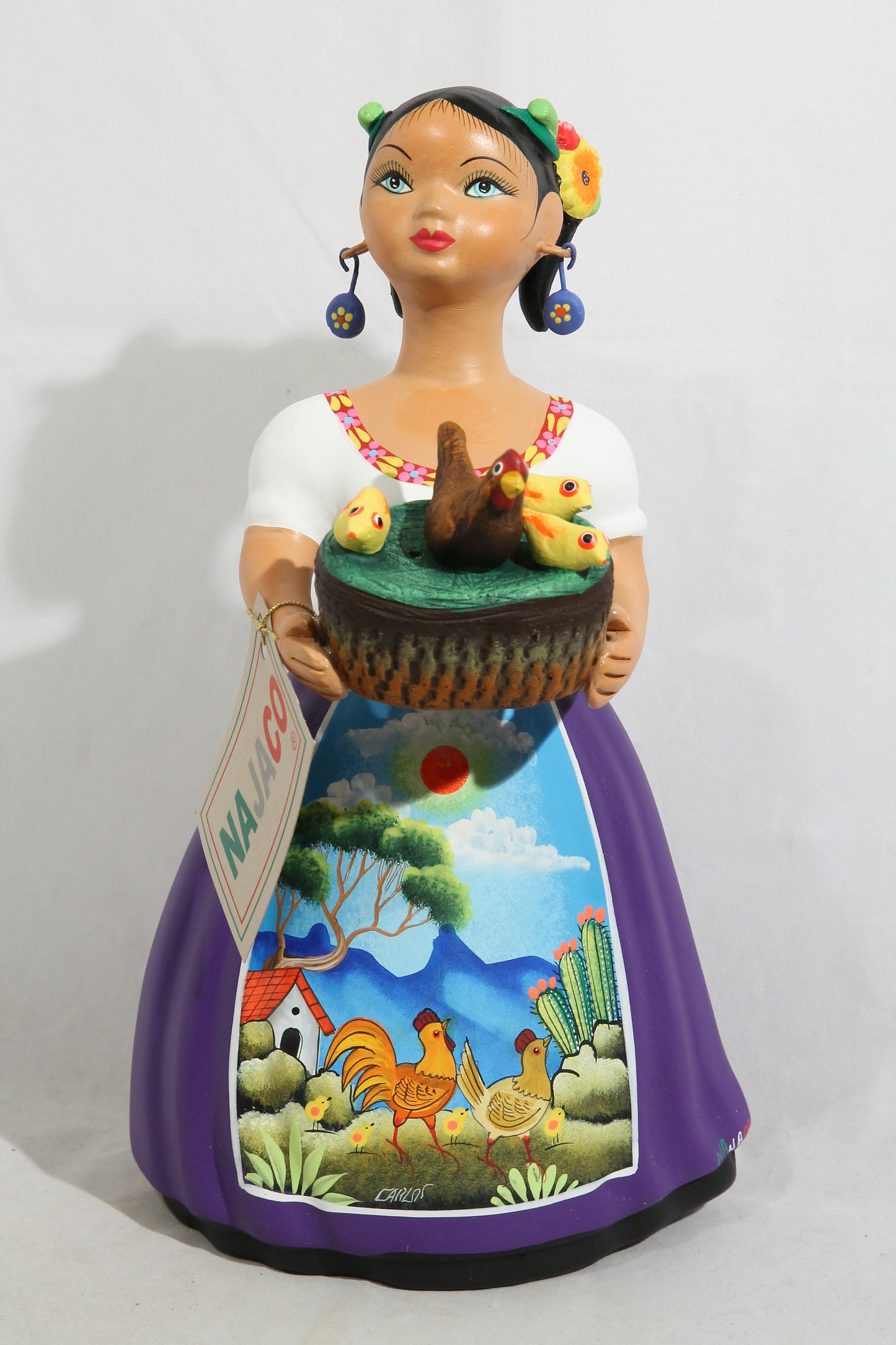 Lupita Doll Ceramic Mexican Folk Art Basket of Chickens Plum Dress #2