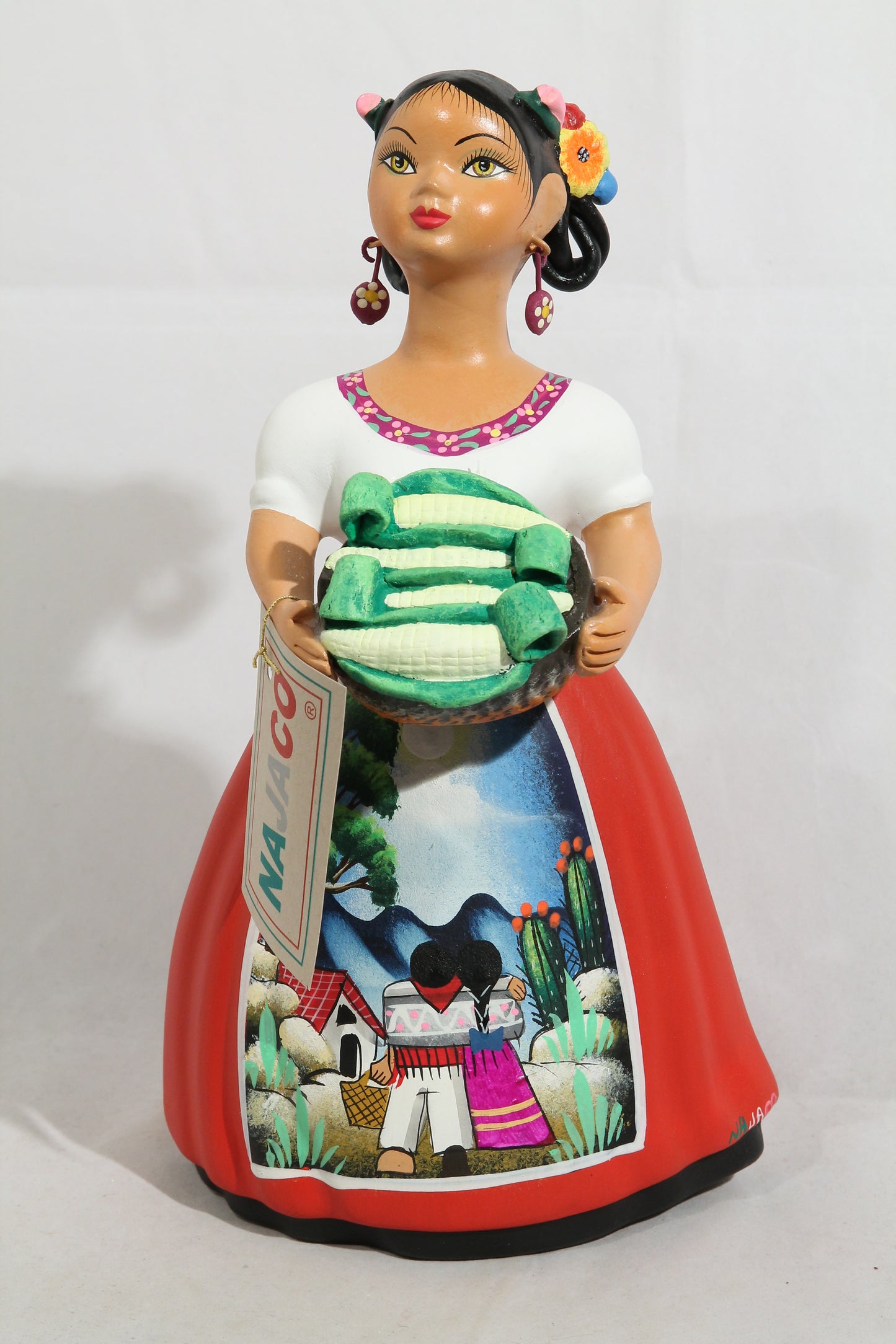 Lupita Doll Ceramic Mexican Folk Art Basket of Corn Red Dress #2