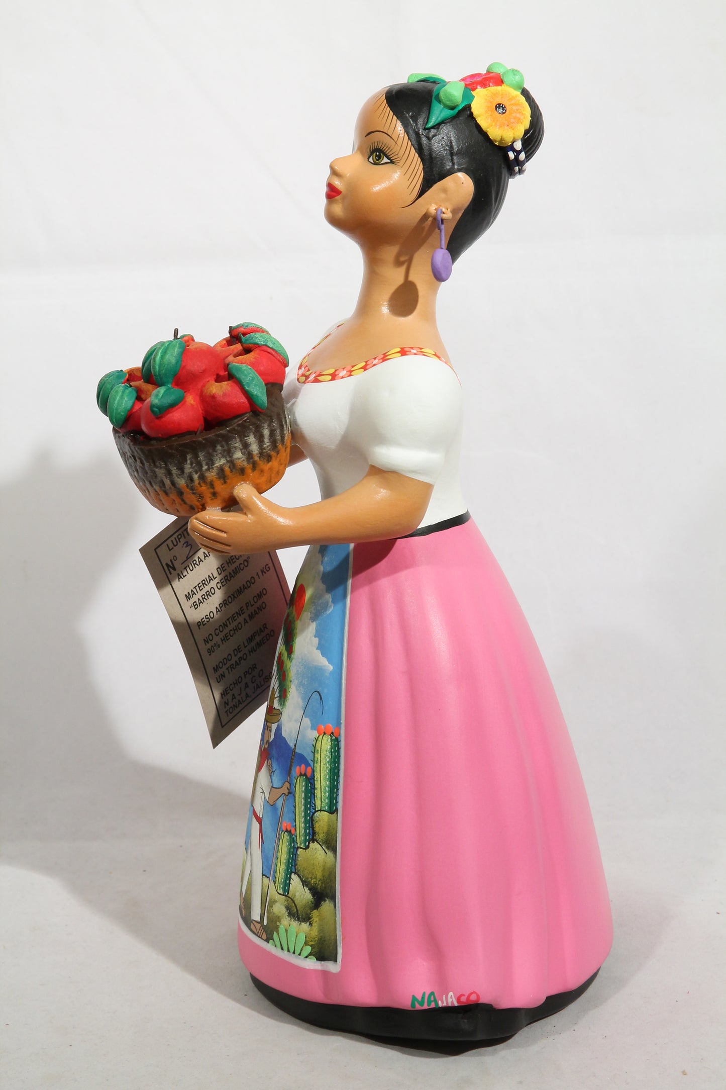 Lupita Najaco Ceramic Doll Mexican Folk Art Apple Basket Pink Skirt #3