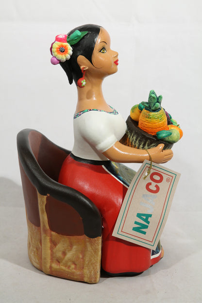 Lupita Doll Sitting Fresh Fruit Basket Red Dress Ceramic Mexican