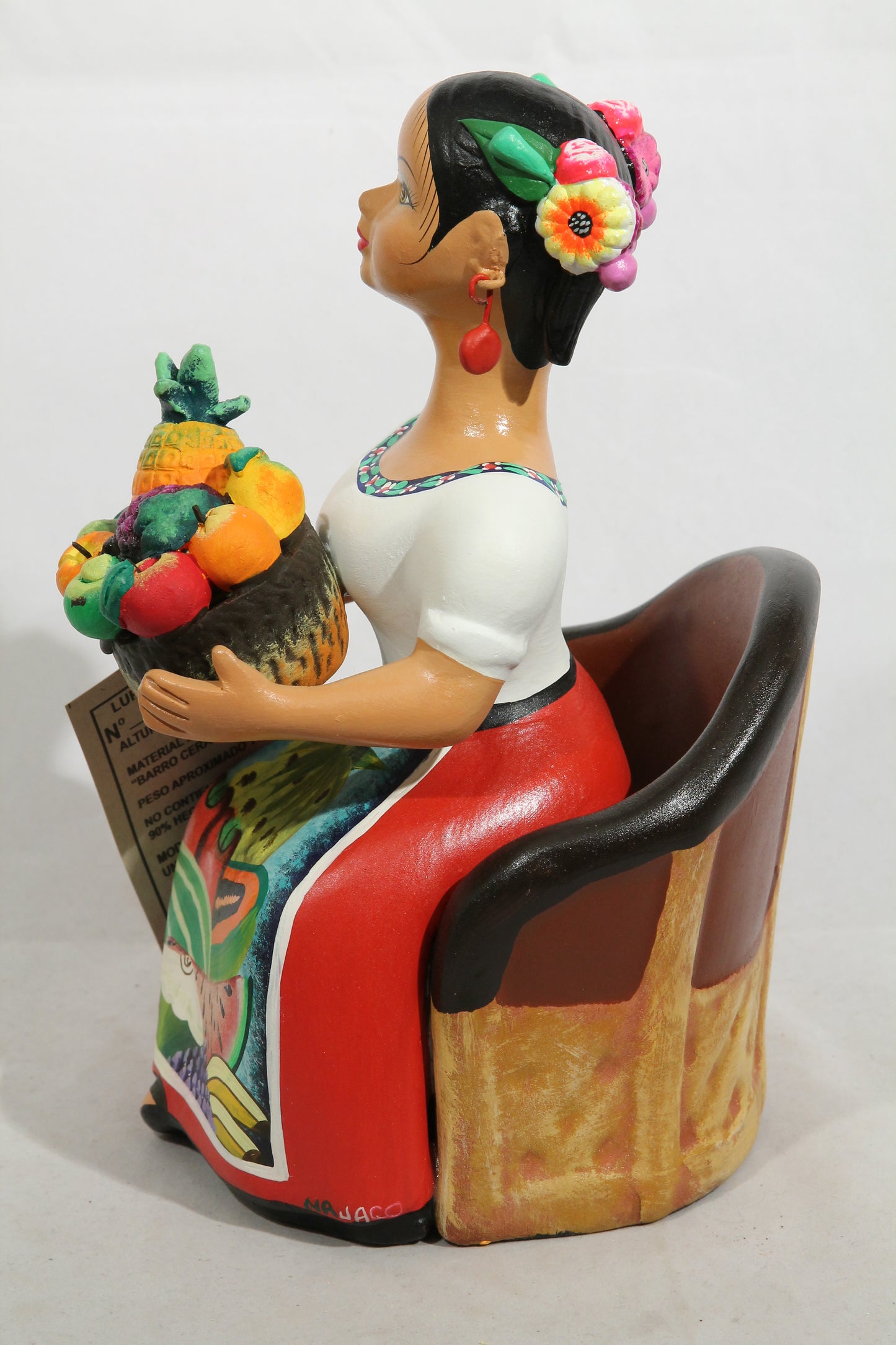 Lupita Doll Sitting Fresh Fruit Basket Red Dress Ceramic Mexican