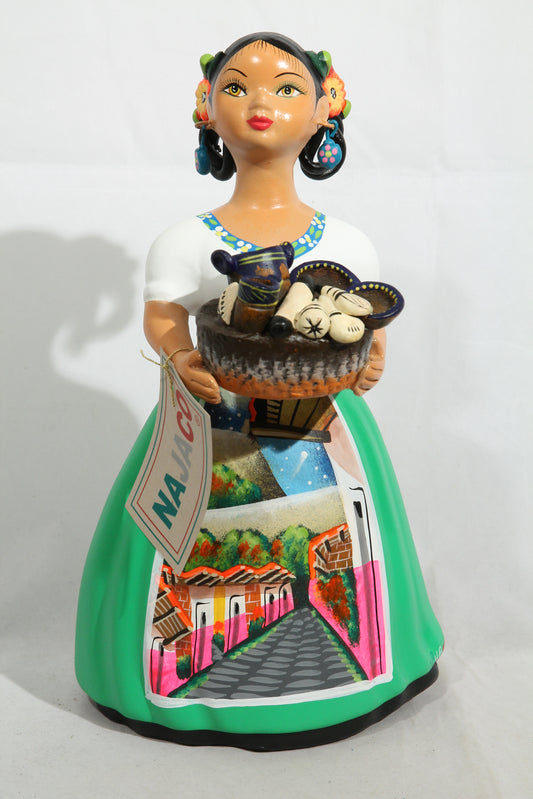 Lupita Doll Ceramic Mexican Kitchenware Basket Green Skirt #3