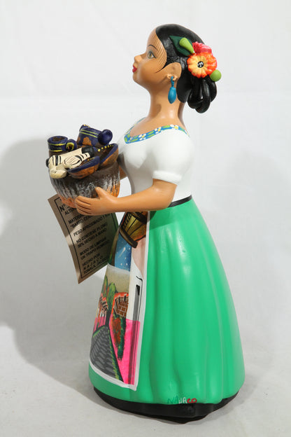 Lupita Doll Ceramic Mexican Kitchenware Basket Green Skirt #3