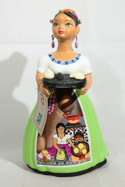 Lupita NAJACO Ceramic Doll/Figurine Mexican Folk Art Gorditas/Metate Lime Green