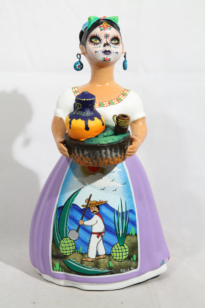 Day of the Dead "Lupita" Najaco Doll Ceramic Pulque Seller Lilac Skirt